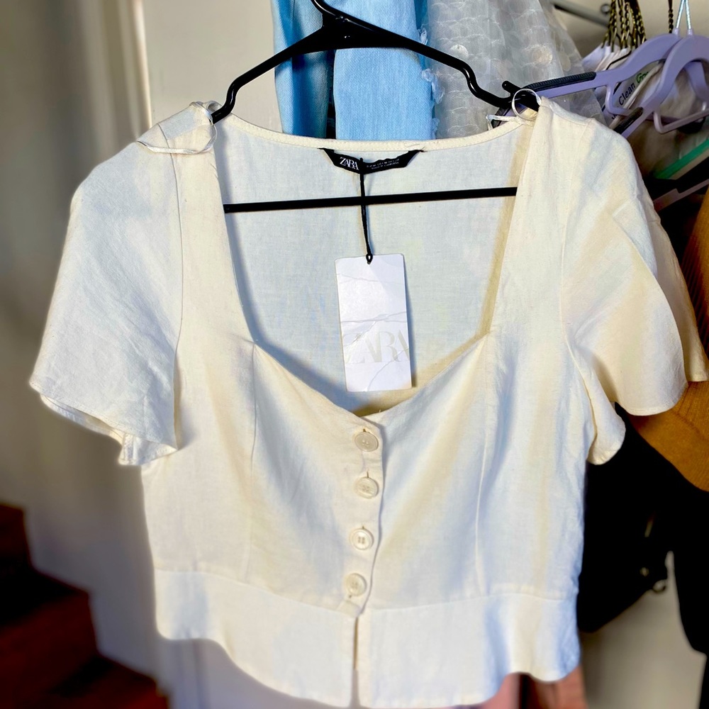 White Scoop Neck Button Up Top